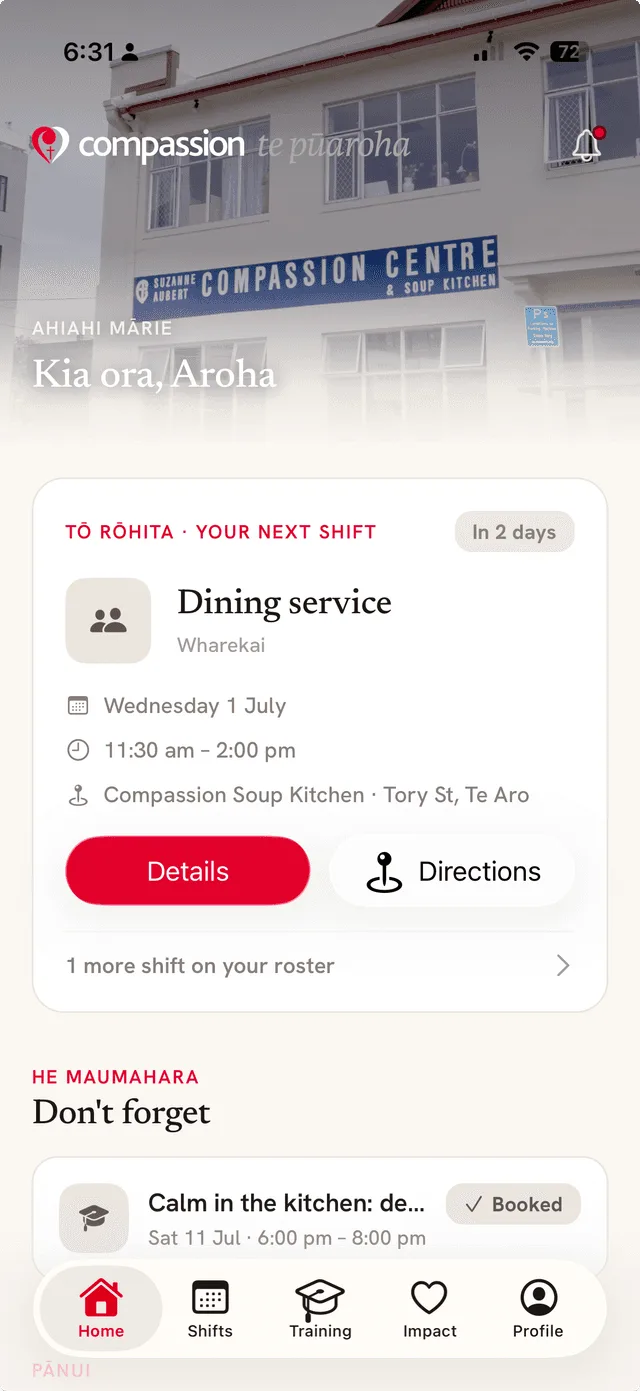 Compassion volunteer app - next rostered shift with details and directions, and booked training