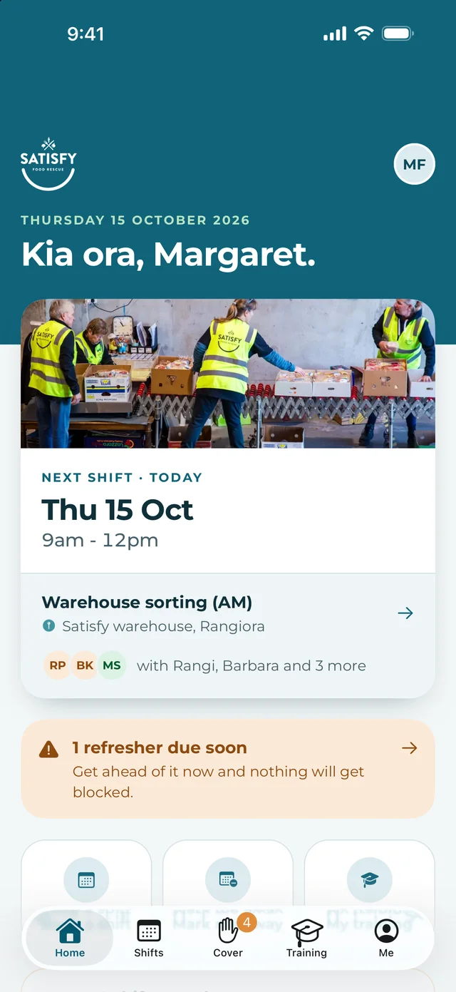 Satisfy Food Rescue volunteer app - Home screen with next shift and refresher reminder